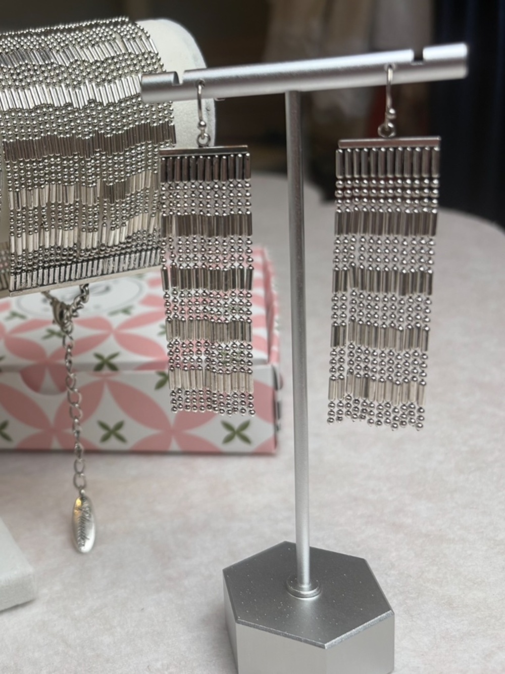 New Silver Beaded Dangle Earrings by Plunder Design - Picture 2 of 9